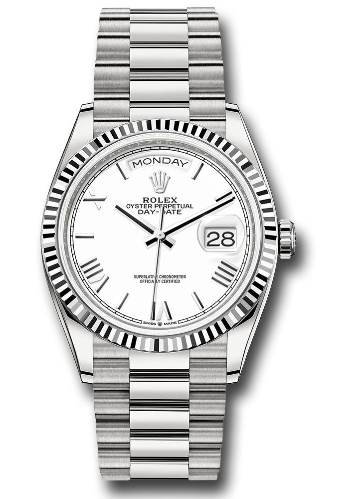 *Pre-Owned* Rolex White Gold Day-Date 36 Watch - Fluted Bezel - White Roman Dial - President Bracelet