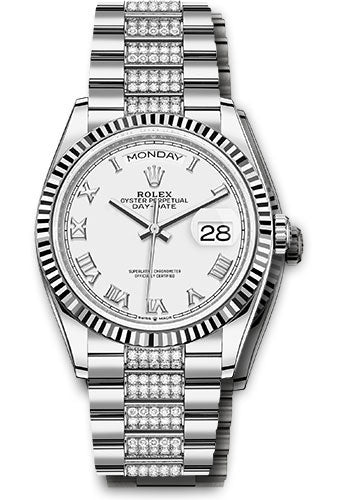 *Pre-Owned* Rolex White Gold Day-Date 36 Watch - Fluted Bezel - White Roman Dial - Diamond President Bracelet