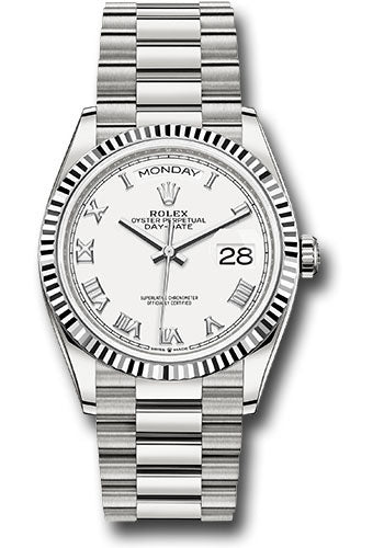 *Pre-Owned* Rolex White Gold Day-Date 36 Watch - Fluted Bezel - White Roman Dial - President Bracelet