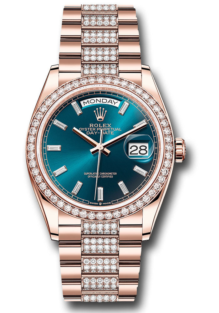 *Pre-Owned* Rolex Everose Gold Day-Date 36 Watch - Diamond Bezel - Blue-Green Dial - Diamond President Bracelet