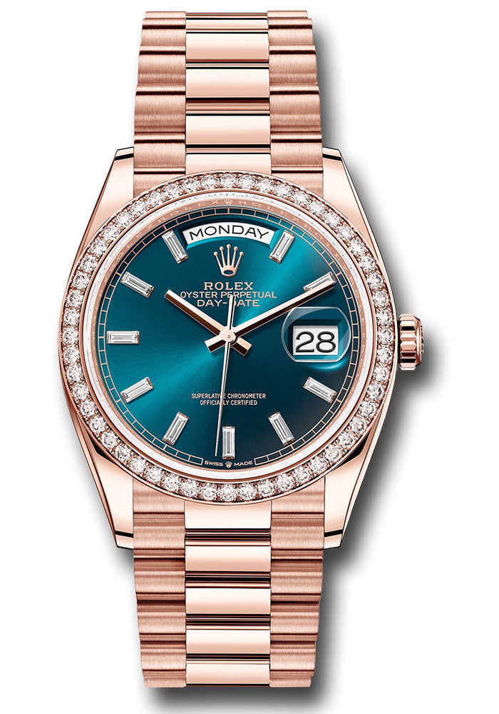 *Pre-Owned* Rolex Everose Gold Day-Date 36 Watch - Diamond Bezel - Blue-Green Dial - President Bracelet