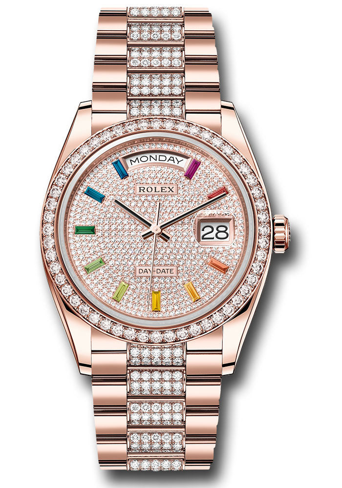 *Pre-Owned* Rolex Everose Gold Day-Date 36 Watch - Diamond Bezel - Diamond-Paved Rainbow Sapphire Dial - Diamond President Bracelet