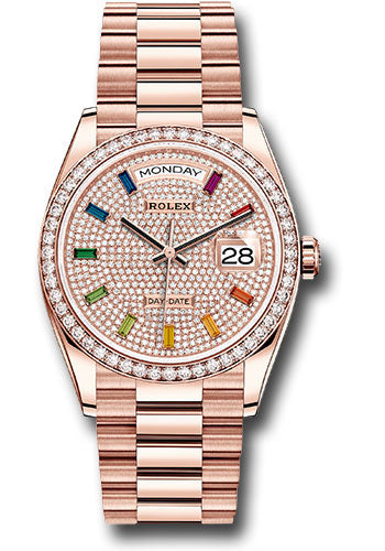*Pre-Owned* Rolex Everose Gold Day-Date 36 Watch - Diamond Bezel - Diamond-Paved Dial - President Bracelet