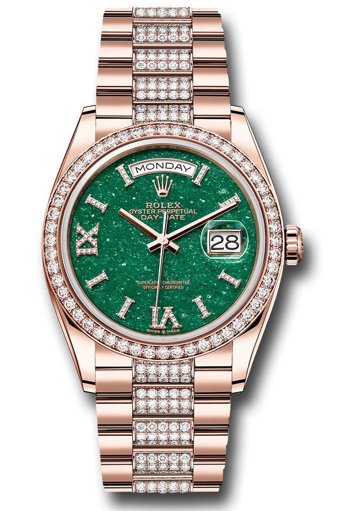 *Pre-Owned* Rolex Everose Gold Day-Date 36 Watch - Diamond Bezel - Green Aventurine Diamond Index Roman 9 Dial - Diamond President Bracelet