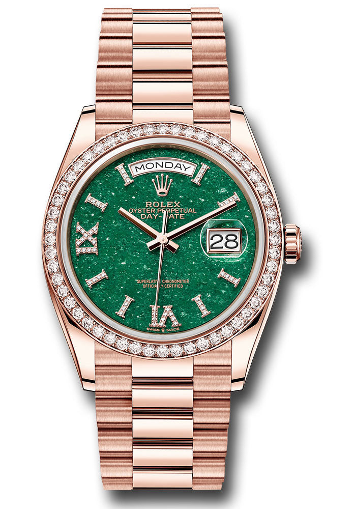 *Pre-Owned* Rolex Everose Gold Day-Date 36 Watch - Diamond Bezel - Green Aventurine Diamond Index Roman 9 Dial - President Bracelet