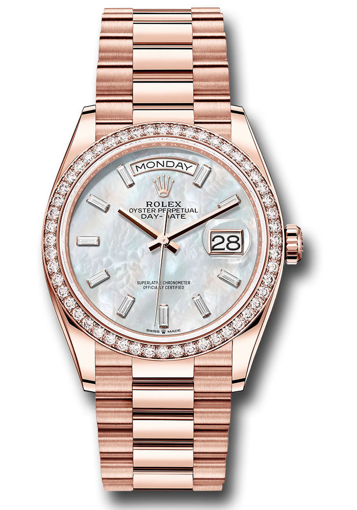 *Pre-Owned* Rolex Everose Gold Day-Date 36 Watch - Diamond Bezel - White Mother-Of-Pearl Dial - President Bracelet