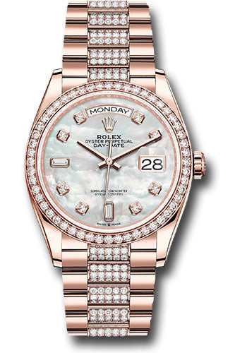 *Pre-Owned* Rolex Everose Gold Day-Date 36 Watch - Diamond Bezel - White Mother-Of-Pearl Diamond Dial - Diamond President Bracelet