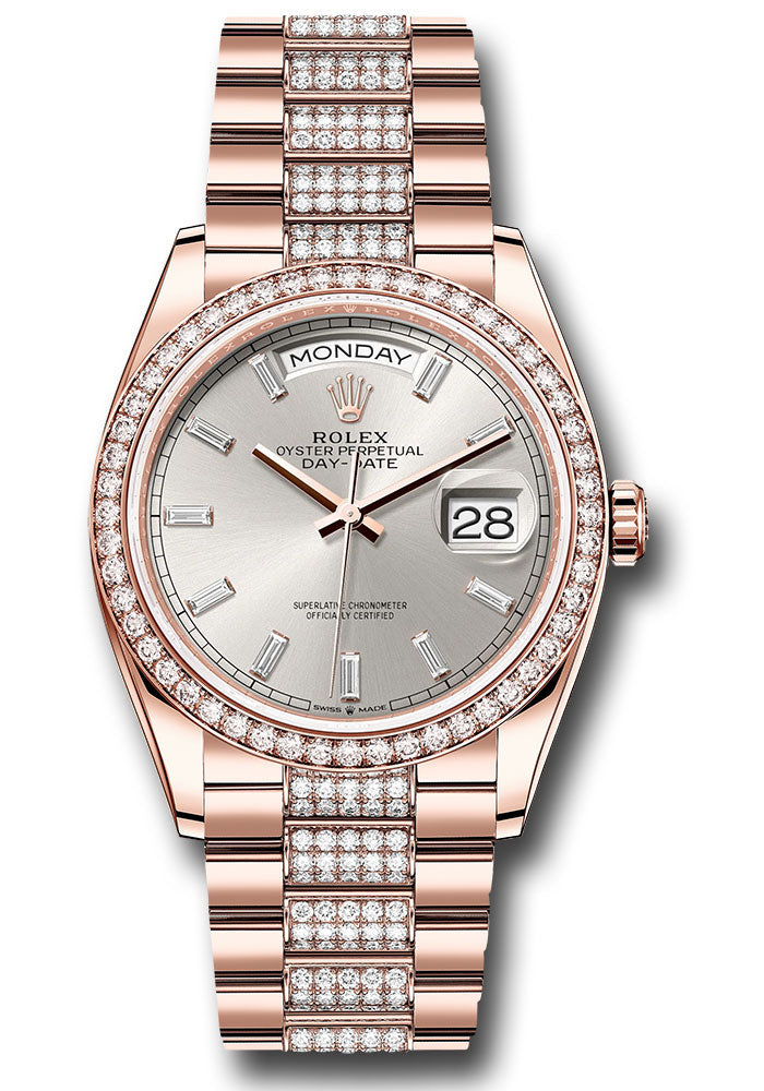 *Pre-Owned* Rolex Everose Gold Day-Date 36 Watch - Diamond Bezel - Silver Dial - Diamond President Bracelet