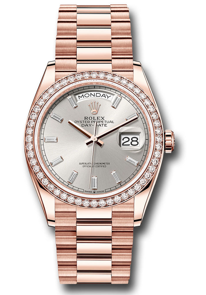 *Pre-Owned* Rolex Everose Gold Day-Date 36 Watch - Diamond Bezel - Silver Dial - President Bracelet