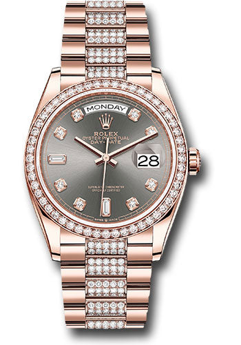 *Pre-Owned* Rolex Everose Gold Day-Date 36 Watch - Diamond Bezel - Slate Diamond Dial - Diamond President Bracelet