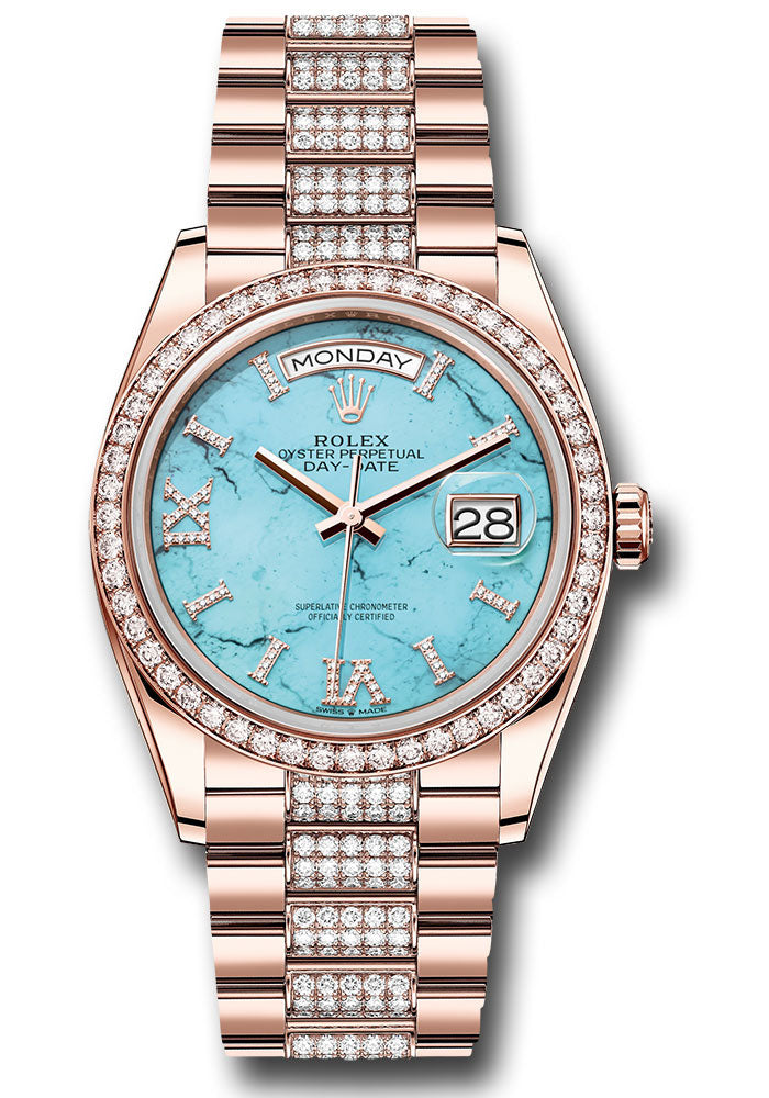 *Pre-Owned* Rolex Everose Gold Day-Date 36 Watch - Diamond Bezel - Turquoise Diamond Index Roman 9 Dial - Diamond President Bracelet