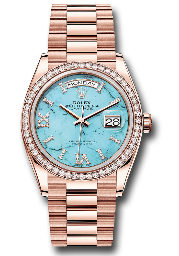 *Pre-Owned* Rolex Everose Gold Day-Date 36 Watch - Diamond Bezel - Turquoise Diamond Index Roman 9 Dial - President Bracelet