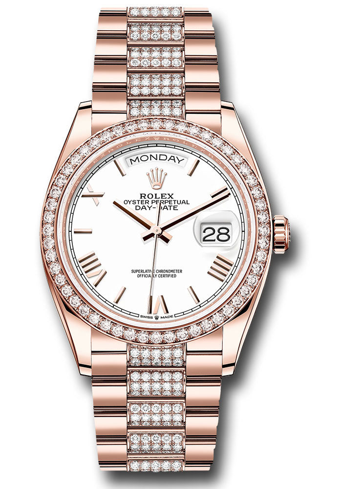*Pre-Owned* Rolex Everose Gold Day-Date 36 Watch - Diamond Bezel - White Roman Dial - Diamond President Bracelet