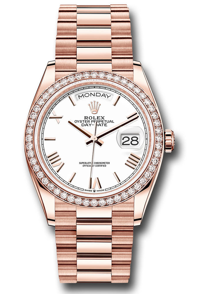 *Pre-Owned* Rolex Everose Gold Day-Date 36 Watch - Diamond Bezel - White Roman Dial - President Bracelet