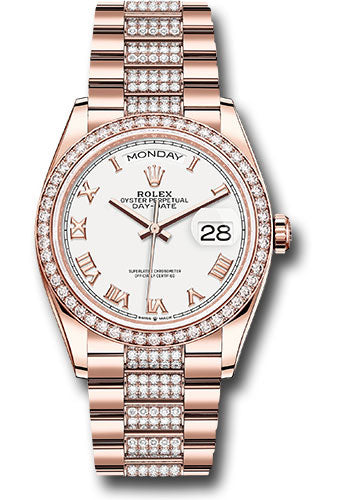 *Pre-Owned* Rolex Everose Gold Day-Date 36 Watch - Diamond Bezel - White Roman Dial - Diamond President Bracelet