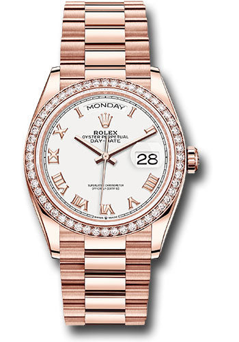 *Pre-Owned* Rolex Everose Gold Day-Date 36 Watch - Diamond Bezel - White Roman Dial - President Bracelet