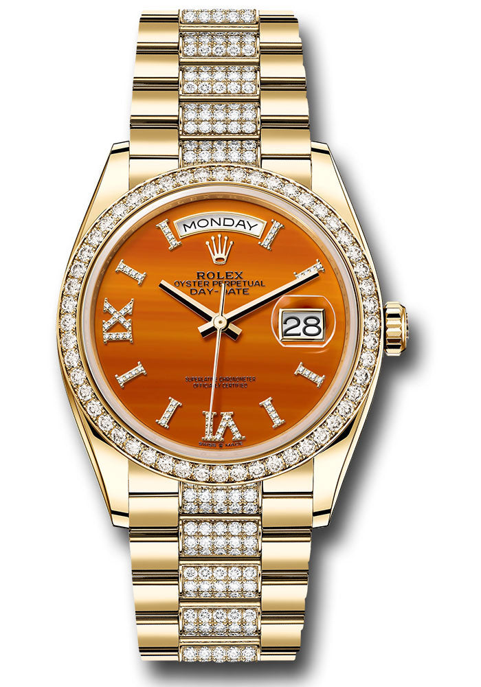 *Pre-Owned* Rolex Yellow Gold Day-Date 36 Watch - Diamond Bezel - Carnelian Diamond Index Roman 9 Dial - Diamond President Bracelet