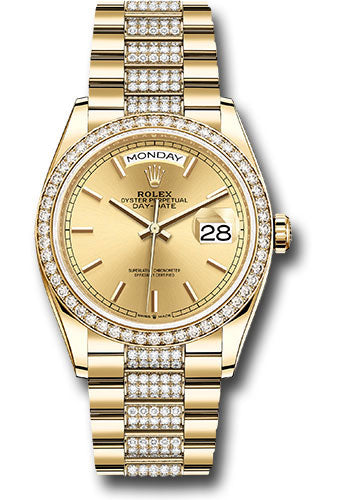 *Pre-Owned* Rolex Yellow Gold Day-Date 36 Watch - Diamond Bezel - Champagne Index Dial - Diamond President Bracelet