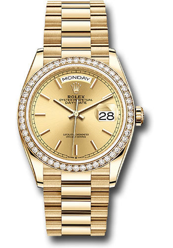 *Pre-Owned* Rolex Yellow Gold Day-Date 36 Watch - Diamond Bezel - Champagne Index Dial - President Bracelet