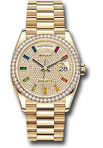 *Pre-Owned* Rolex Yellow Gold Day-Date 36 Watch - Diamond Bezel - Diamond-Paved Rainbow Sapphire Dial - President Bracelet