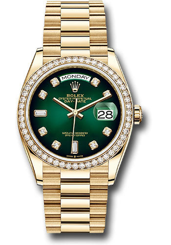 *Pre-Owned* Rolex Yellow Gold Day-Date 36 Watch - Diamond Bezel - Green OmbreÂ´ Diamond Dial - President Bracelet