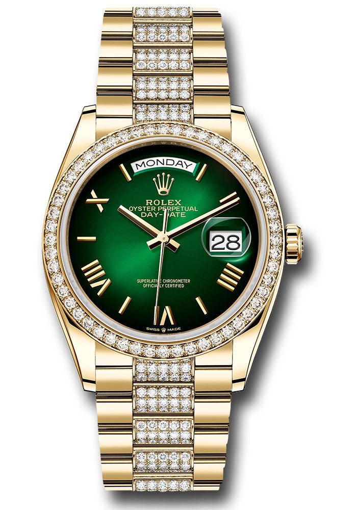 *Pre-Owned* Rolex Yellow Gold Day-Date 36 Watch - Diamond Bezel - Green OmbrÃ© Roman Dial - Diamond President Bracelet