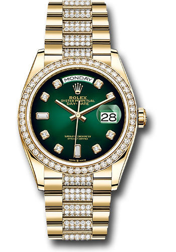 *Pre-Owned* Rolex Yellow Gold Day-Date 36 Watch - Diamond Bezel - Green OmbrÃ© Diamond Dial - Diamond President Bracelet