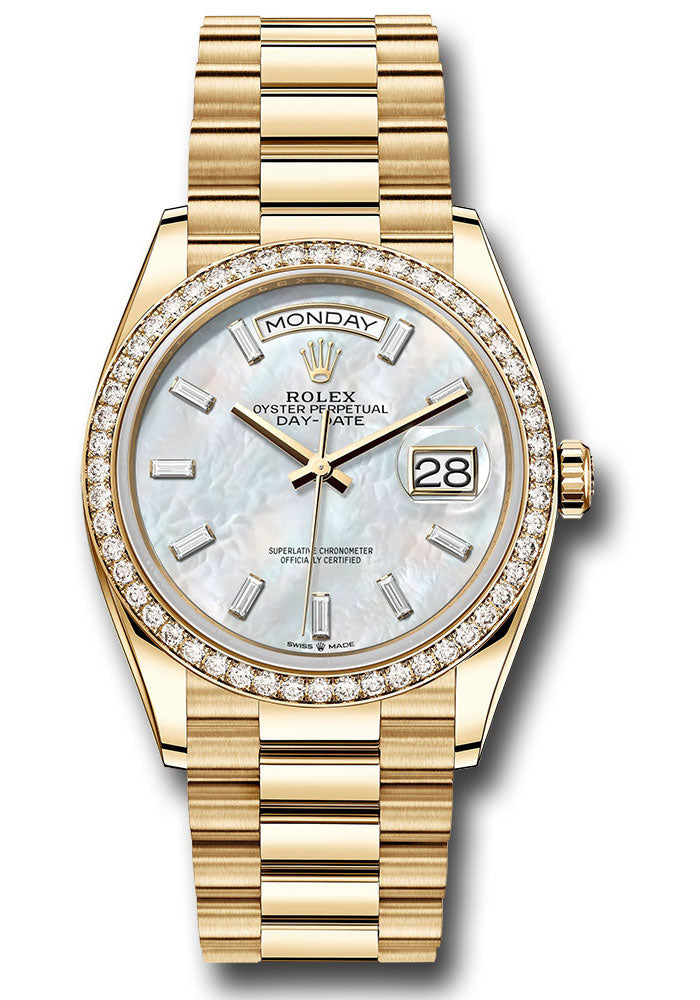 *Pre-Owned* Rolex Yellow Gold Day-Date 36 Watch - Diamond Bezel - White Mother-Of-Pearl Dial - President Bracelet