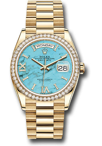 *Pre-Owned* Rolex Yellow Gold Day-Date 36 Watch - Diamond Bezel - Turquoise Diamond Roman Dial - President Bracelet