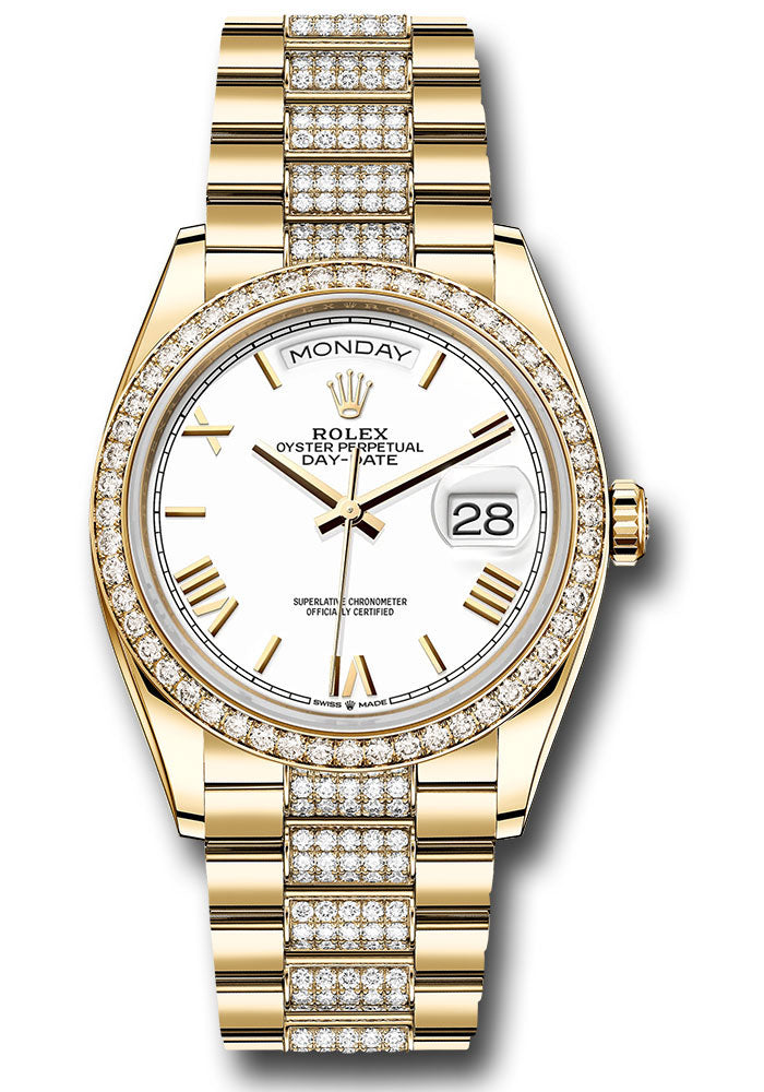 *Pre-Owned* Rolex Yellow Gold Day-Date 36 Watch - Diamond Bezel - White Roman Dial - Diamond President Bracelet