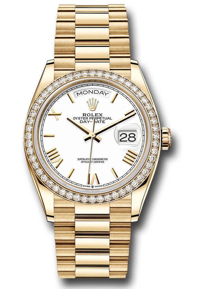 *Pre-Owned* Rolex Yellow Gold Day-Date 36 Watch - Diamond Bezel - White Roman Dial - President Bracelet