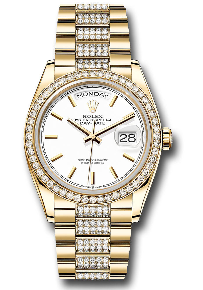 *Pre-Owned* Rolex Yellow Gold Day-Date 36 Watch - Diamond Bezel - White Index Dial - Diamond President Bracelet