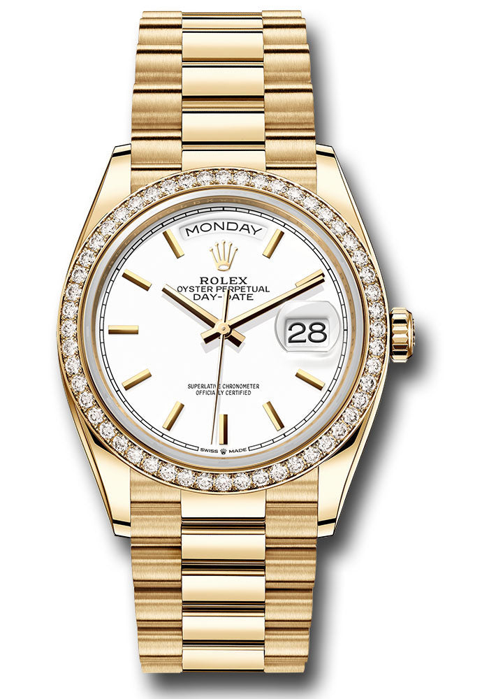 *Pre-Owned* Rolex Yellow Gold Day-Date 36 Watch - Diamond Bezel - White Index Dial - President Bracelet