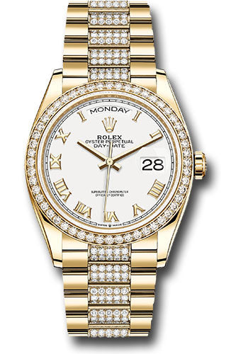 *Pre-Owned* Rolex Yellow Gold Day-Date 36 Watch - Diamond Bezel - White Roman Dial - Diamond President Bracelet