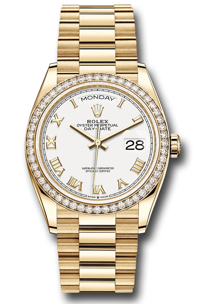 *Pre-Owned* Rolex Yellow Gold Day-Date 36 Watch - Diamond Bezel - White Roman Dial - President Bracelet
