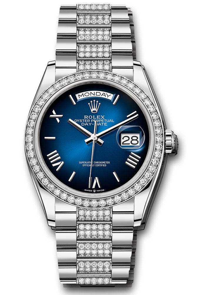 *Pre-Owned* Rolex White Gold Day-Date 36 Watch - Diamond Bezel - Blue OmbrÃ© Roman Dial - Diamond President Bracelet