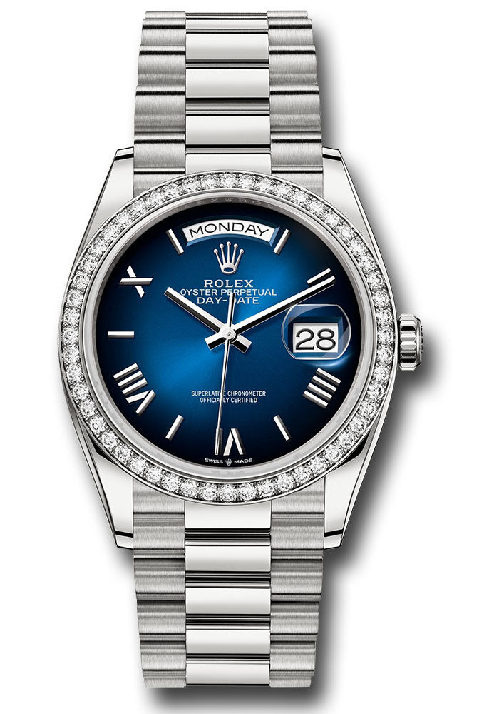 *Pre-Owned* Rolex White Gold Day-Date 36 Watch - Diamond Bezel - Blue OmbrÃ© Roman Dial - President Bracelet