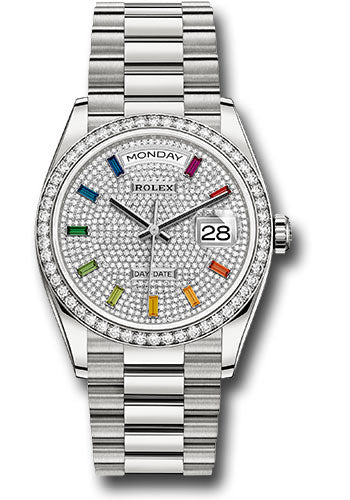 *Pre-Owned* Rolex White Gold Day-Date 36 Watch - Diamond Bezel - Diamond Paved Rainbow Sapphire Dial - President Bracelet