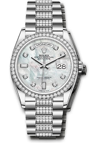 *Pre-Owned* Rolex White Gold Day-Date 36 Watch - Diamond Bezel - White Mother-Of-Pearl Diamond Dial - Diamond President Bracelet