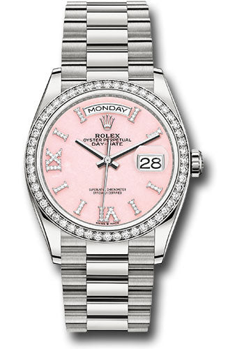 *Pre-Owned* Rolex White Gold Day-Date 36 Watch - Diamond Bezel - Pink Opal Diamond Hour Marker Dial - President Bracelet