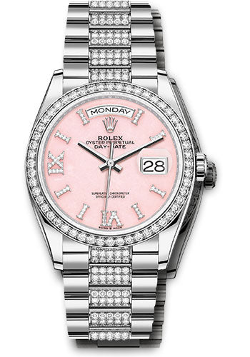 *Pre-Owned* Rolex White Gold Day-Date 36 Watch - Diamond Bezel - Pink Opal Diamond Index Roman 9 Dial - Diamond President Bracelet