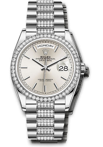 *Pre-Owned* Rolex White Gold Day-Date 36 Watch - Diamond Bezel - Silver Index Dial - Diamond President Bracelet
