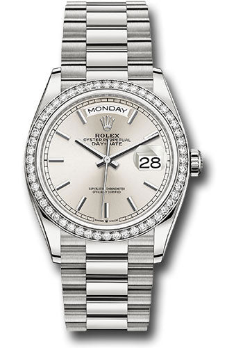 *Pre-Owned* Rolex White Gold Day-Date 36 Watch - Diamond Bezel - Silver Index Dial - President Bracelet
