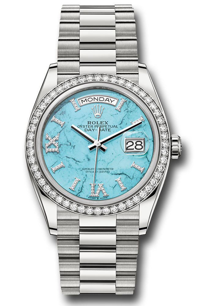 *Pre-Owned* Rolex White Gold Day-Date 36 Watch - Diamond Bezel - Turquoise Diamond Index Roman 9 Dial - President Bracelet