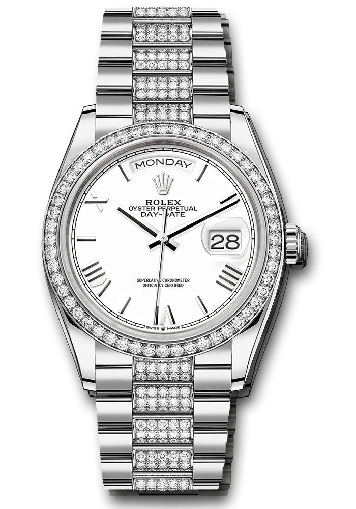 *Pre-Owned* Rolex White Gold Day-Date 36 Watch - Diamond Bezel - White Roman Dial - Diamond President Bracelet