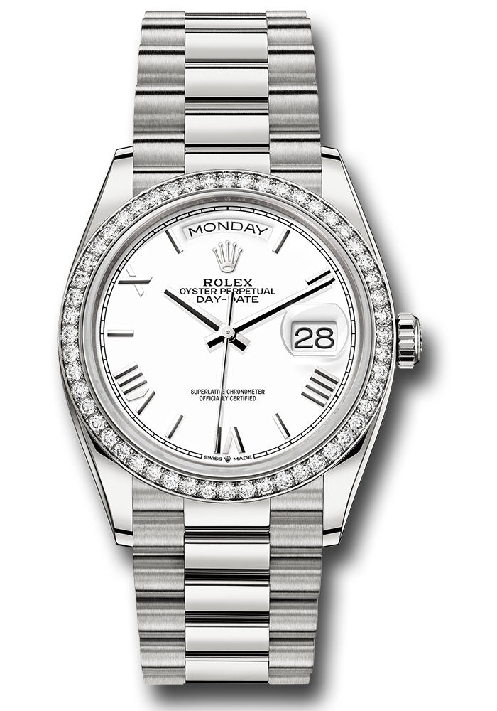 *Pre-Owned* Rolex White Gold Day-Date 36 Watch - Diamond Bezel - White Roman Dial - President Bracelet