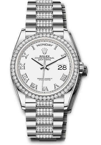 *Pre-Owned* Rolex White Gold Day-Date 36 Watch - Diamond Bezel - White Roman Dial - Diamond President Bracelet