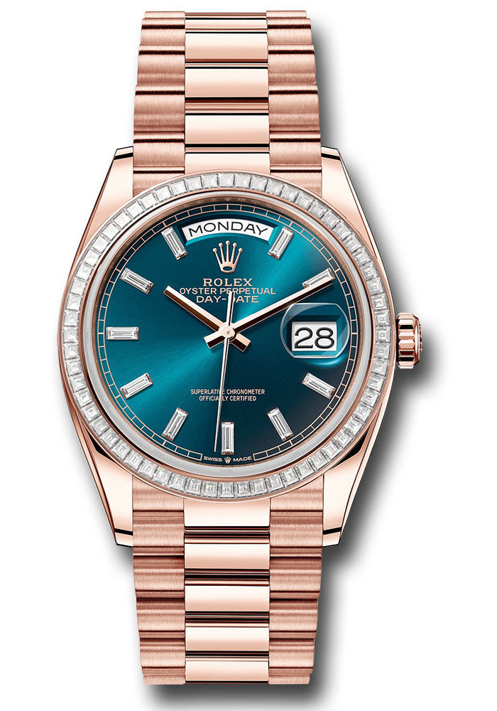 *Pre-Owned* Rolex Everose Gold Day-Date 36 Watch - Diamond Bezel - Blue-Green Dial - President Bracelet
