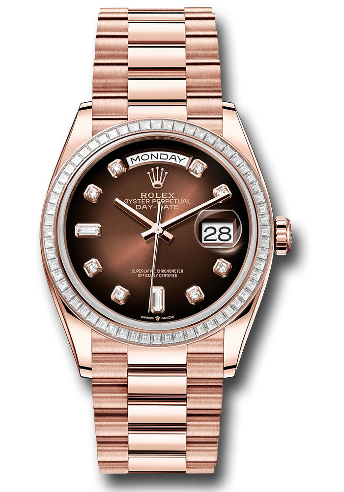*Pre-Owned* Rolex Everose Gold Day-Date 36 Watch - Diamond Bezel - Brown OmbreÌ Diamond Dial - President Bracelet