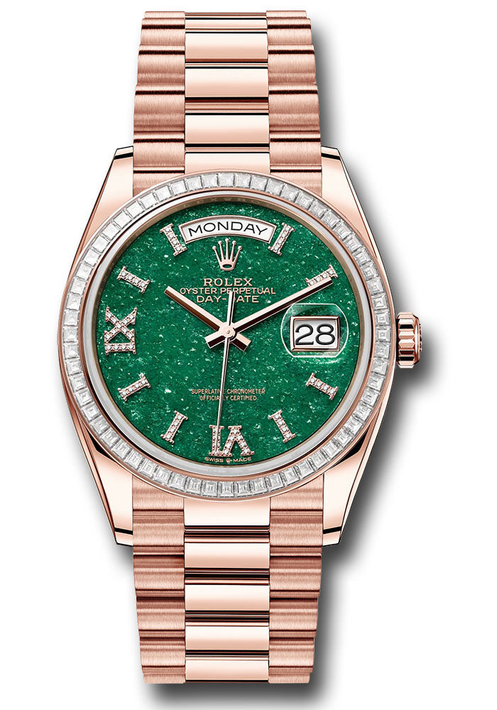*Pre-Owned* Rolex Everose Gold Day-Date 36 Watch - Diamond Bezel - Green Aventurine Diamond Index Roman 9 Dial - President Bracelet